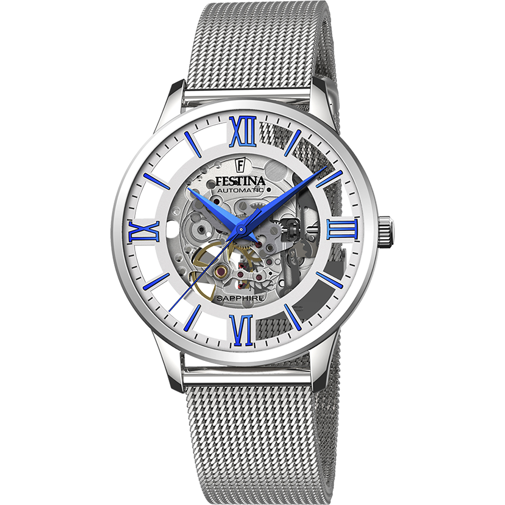 Skeleton watch deals metal strap